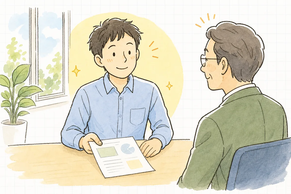 成果を1枚にまとめて報告し終え、上司と穏やかに次の話ができてほっとした表情の開発者