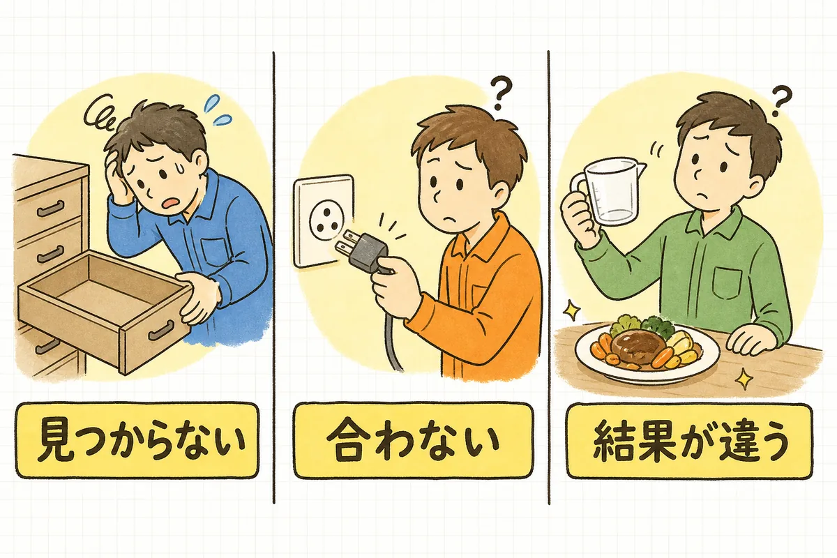 空っぽの引き出しを開けて探し物が見つからない人、形の合わない差込口にプラグを差そうとしている人、計量カップの目盛りと完成した料理を見比べて首をかしげる人を並べた図