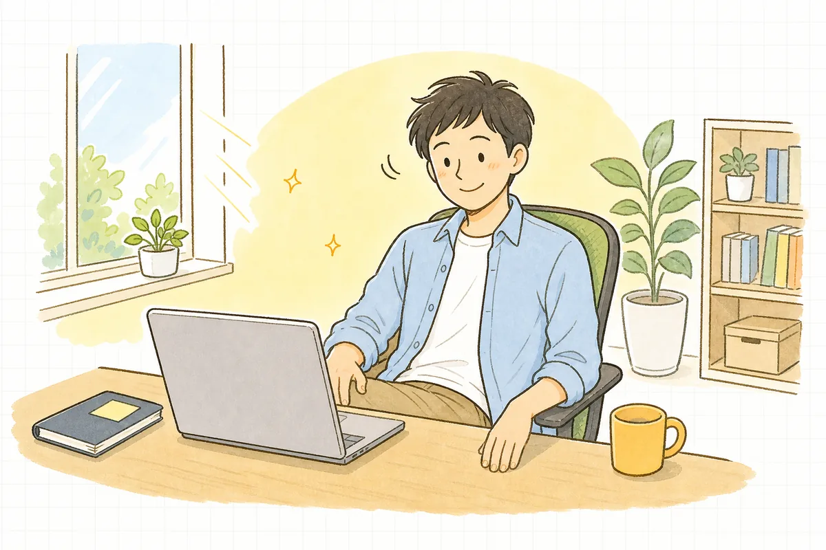 サンプルコードが無事に動き、ほっとした表情で画面から少し身を引いている開発者