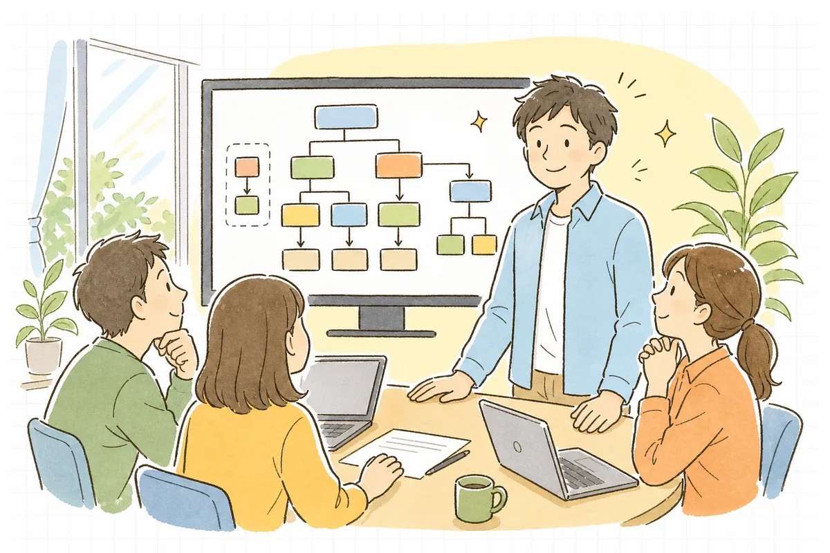 起こした図をチームに共有し、認識がそろって穏やかな表情で次の作業へ進もうとしている開発者