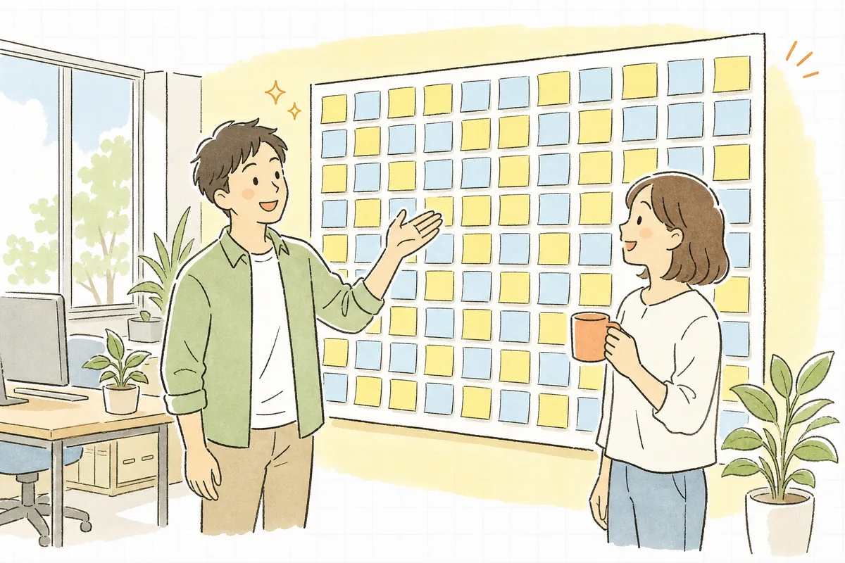 朝のオフィスで、壁に貼った表のマスがすべて埋まったのを同僚と一緒に眺め、穏やかに笑い合っている開発者