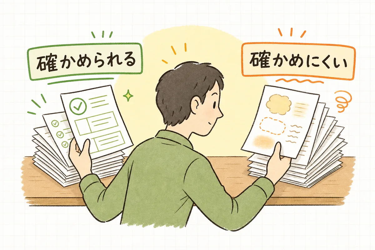 AIの出力を手元の基準やテストと照らし合わせて、合っているかを人が確かめている様子の概念図
