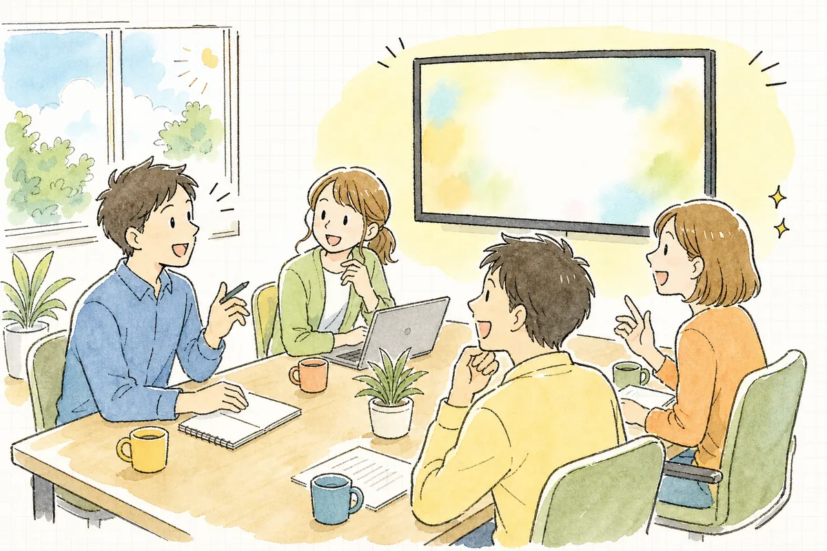 定例ミーティングの終わりに、チームのメンバーが共有メモを囲んで笑顔で使い方を教え合っている