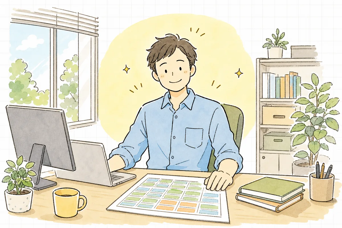 境界と異常系のテストが埋まり、抜けの不安がほどけて落ち着いてリリースに向かえる開発者の安心した表情