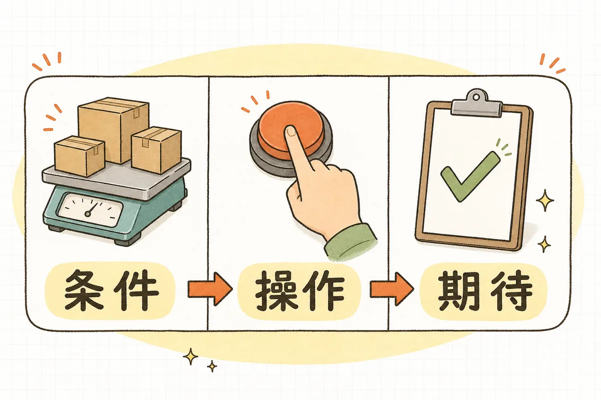 横長の帯が3つの区画に分かれた図。左の区画は箱がいくつか載ったはかりの絵で「条件」、中央の区画は指がボタンを押す絵で「操作」、右の区画はチェックマークのついたクリップボードの絵で「期待」