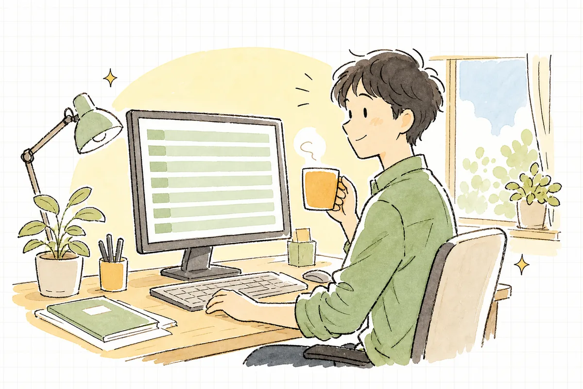 朝のオフィスで、テストの一覧が並んだ画面を見ながら、ほっとした表情でコーヒーを手にしている開発者