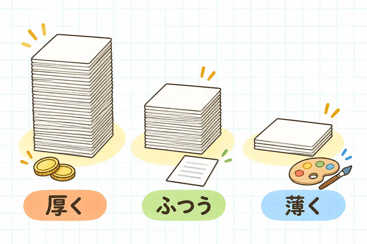 高さの違う3つのカードの山を左から並べた図。左は高く積まれた山で「厚く」、中央は中くらいの山で「ふつう」、右は低い山で「薄く」