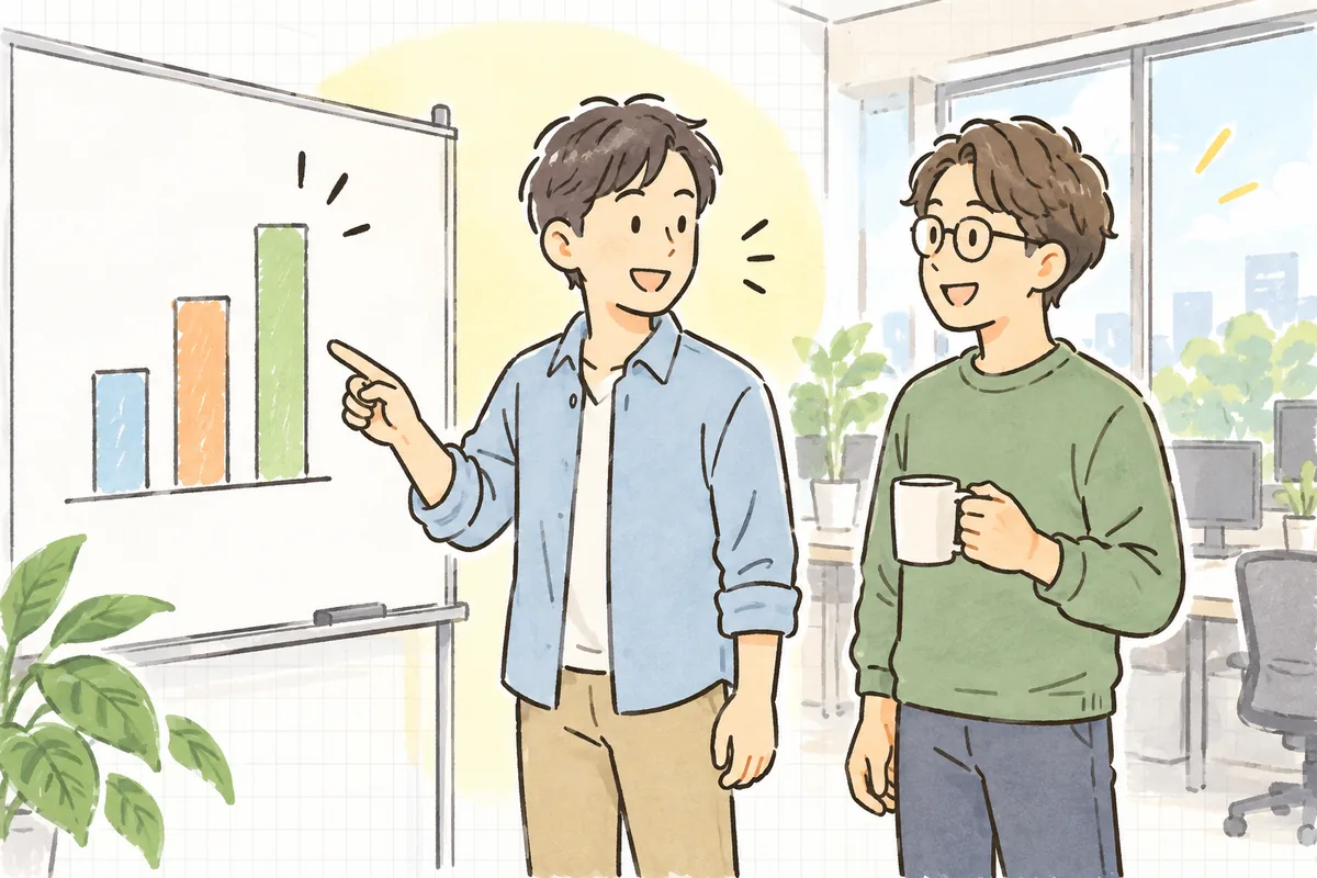 明るいオフィスで、ホワイトボードの前に並んで立ち、配分を決め終えてほっとした表情で話している2人の開発者