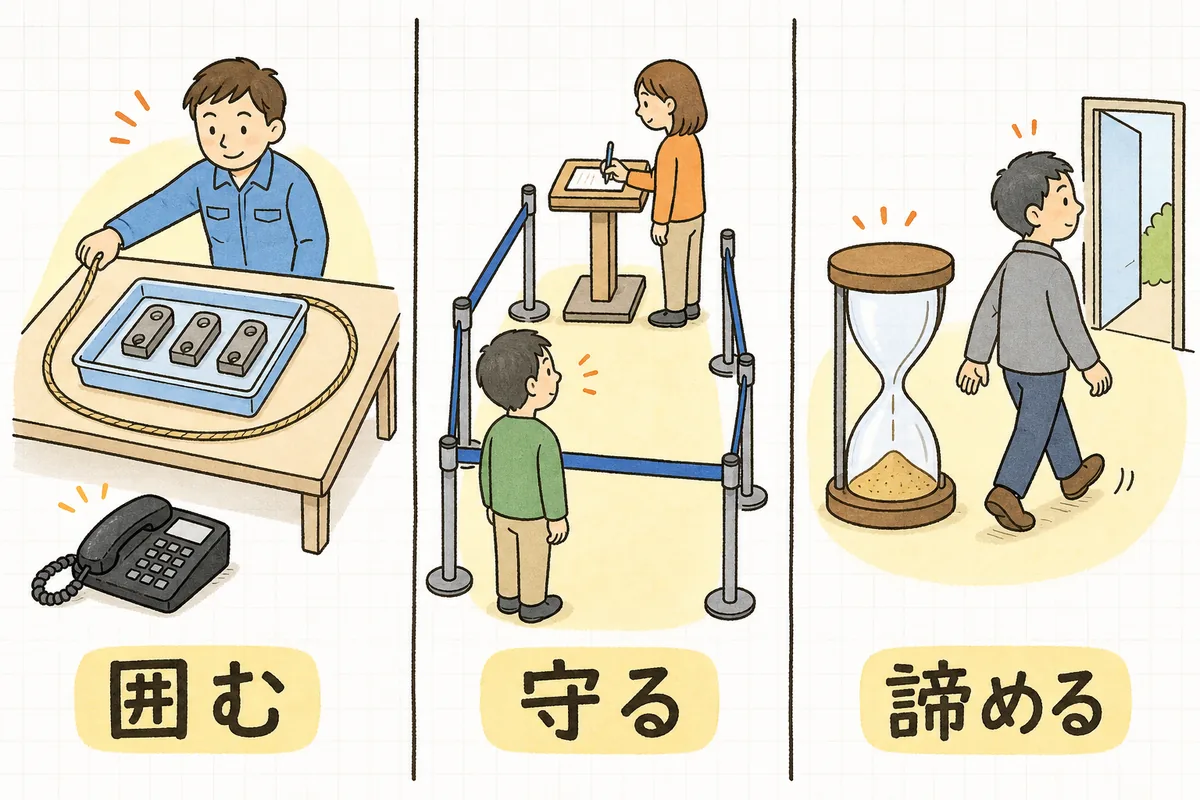 部品をトレーにまとめて紐で囲う場面、仕切られた1つの記帳台を1人が使い後ろで1人が待つ場面、砂時計を見て列を離れ出直す場面を並べた図