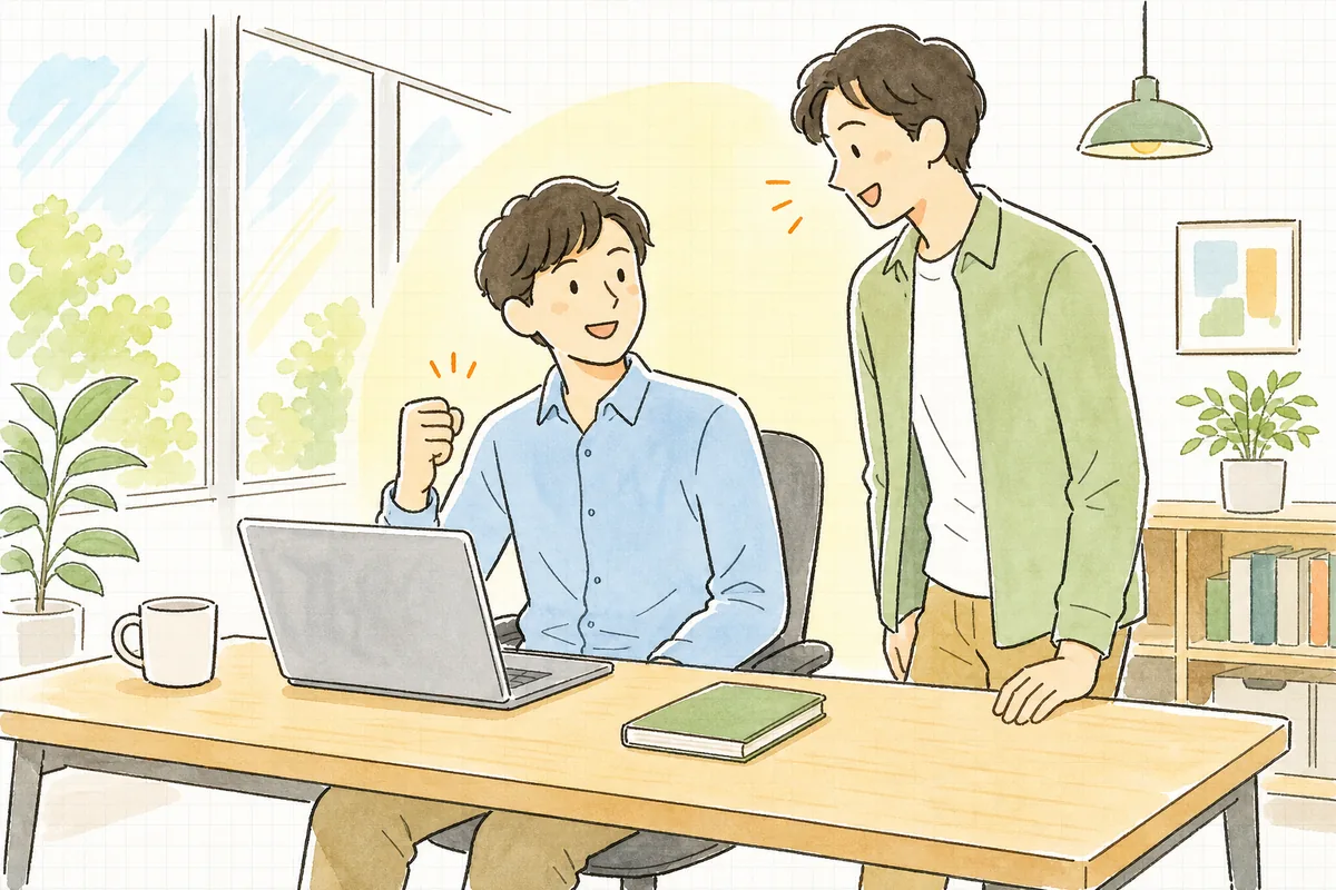 朝のオフィスで、そろった数字を画面で確かめ、同僚と穏やかに言葉を交わしている開発者