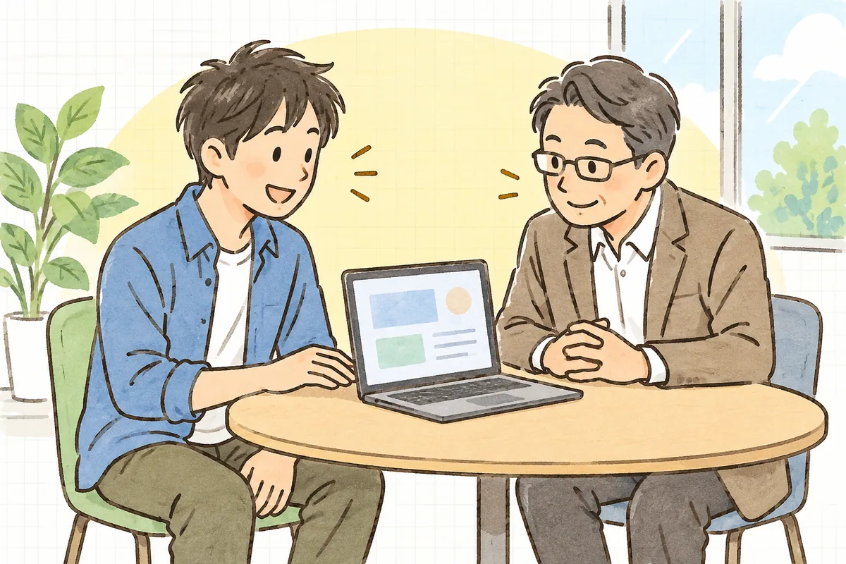 作業の内訳を見せながら説明し、上司が納得してうなずいている、穏やかな打ち合わせの様子