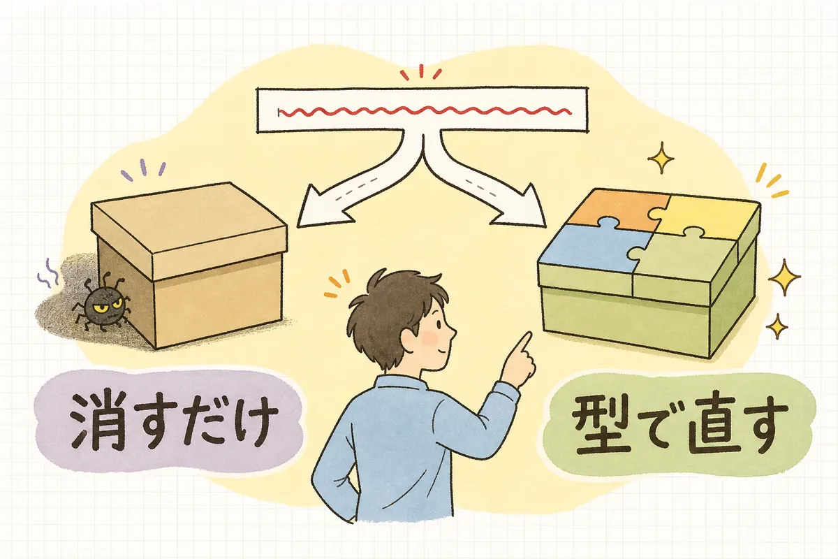 型エラーの直し方を「消すだけ(anyで黙らせる)」と「型で直す」の2つに分けて並べた対比図