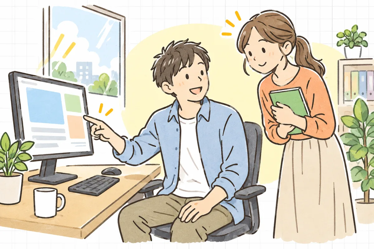 明るいオフィスで、モニターのコードを指し示しながら、隣の同僚に落ち着いた笑顔で説明している開発者