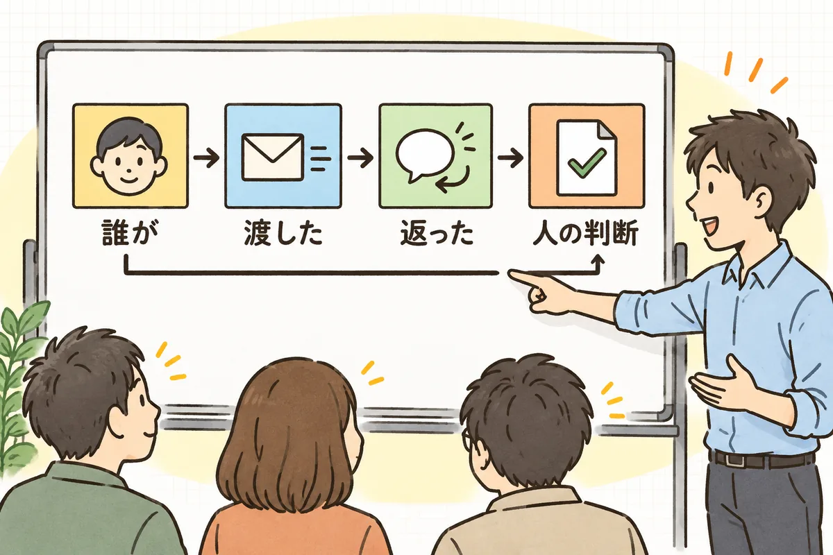 AIの1回の呼び出しについて、誰が、何を渡し、何が返り、人がどうしたかの4つの記録を1本の線でつないで残す考え方を示した図